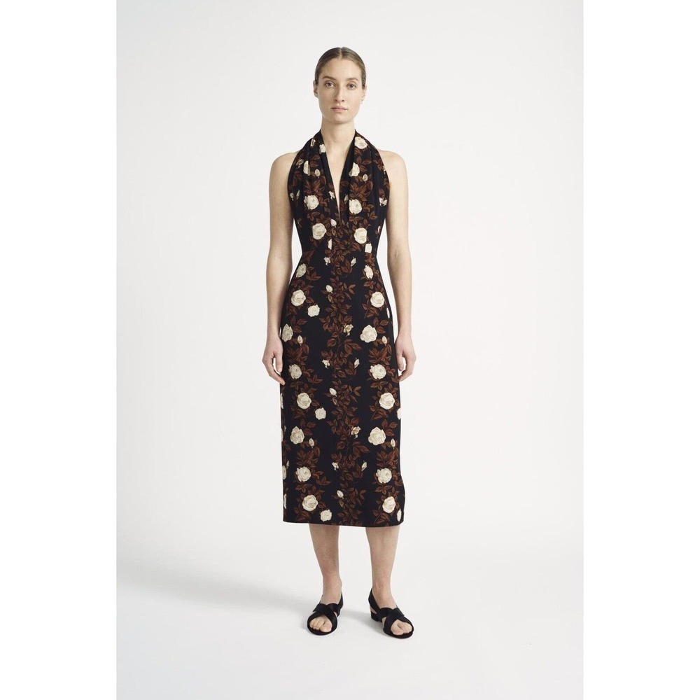 Emilia Wickstead‎ Womens Midi Hailey Dress Cream Brown Floral Georgette Size 2